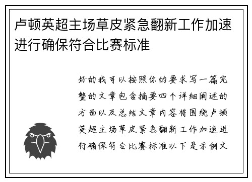 卢顿英超主场草皮紧急翻新工作加速进行确保符合比赛标准 卢顿英超主场草皮紧急翻新工作加速进行确保符合比赛标准