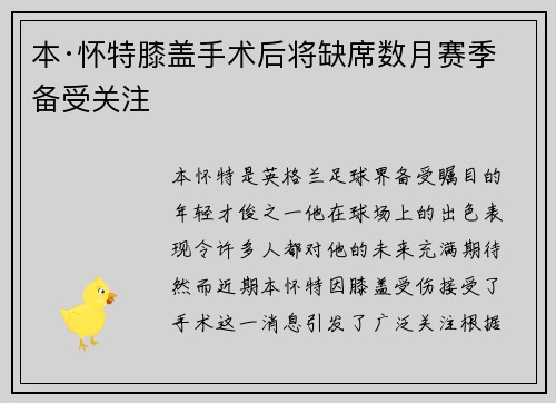 本·怀特膝盖手术后将缺席数月赛季备受关注 本·怀特膝盖手术后将缺席数月赛季备受关注