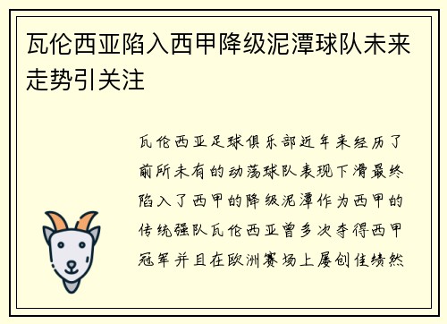 瓦伦西亚陷入西甲降级泥潭球队未来走势引关注 瓦伦西亚陷入西甲降级泥潭球队未来走势引关注